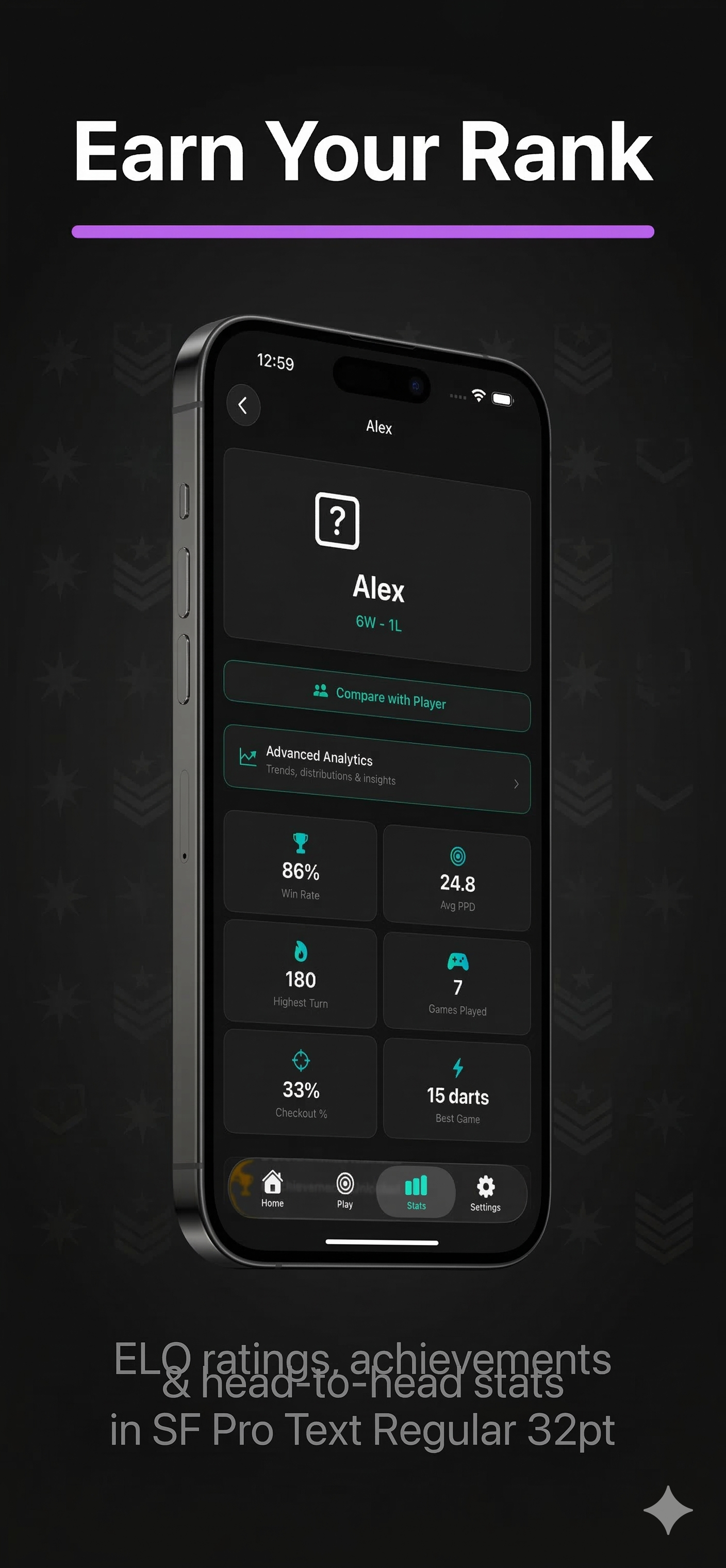 Player profile with ELO rating and achievements