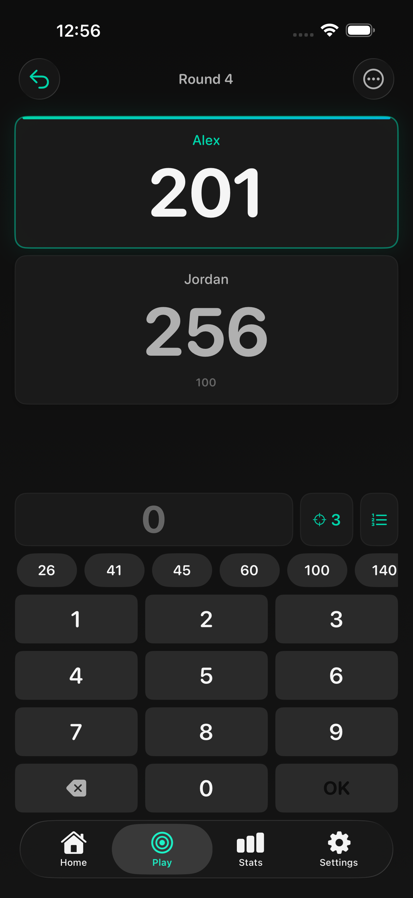 X01 darts scoring in progress