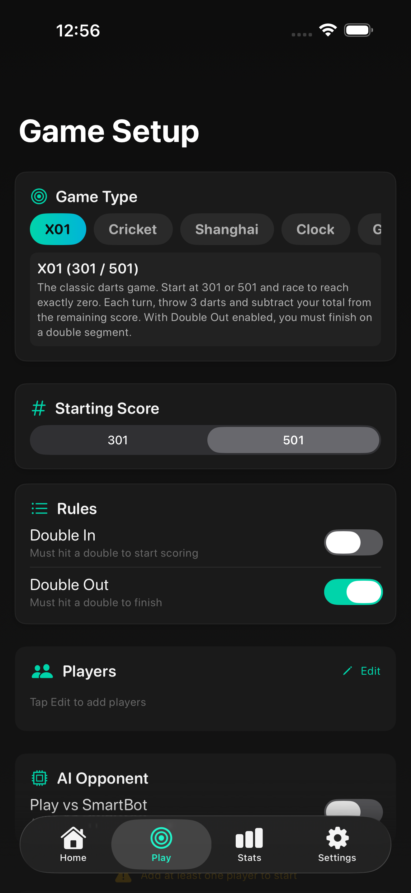 Game setup with 5 game modes